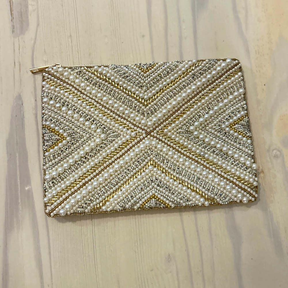 ASOS  Design Gold & Pearl Detail Zip-Up Clutch